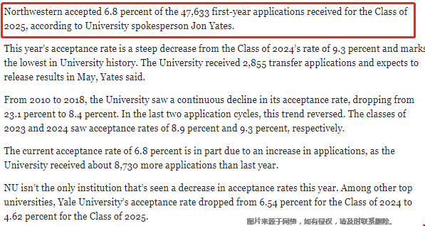 美国西北大学本科录取率高不高？