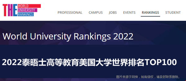2022泰晤士高等教育美国大学世界排名TOP100